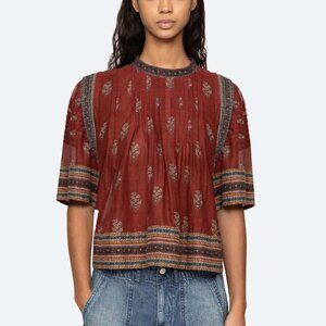 Sea New York Sierra Top Multi Red Pleated Short Sleeve Blouse